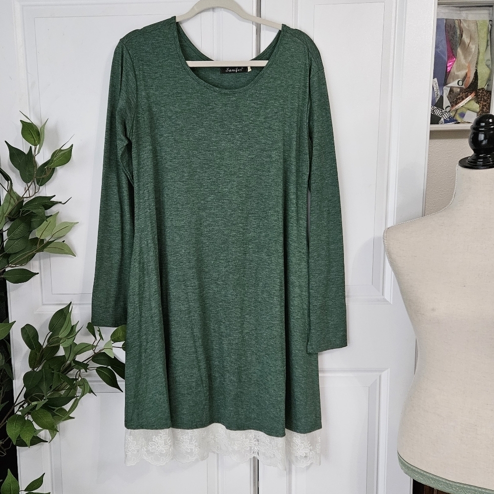 Green Long Sleeve Tunic with Lace Hem
